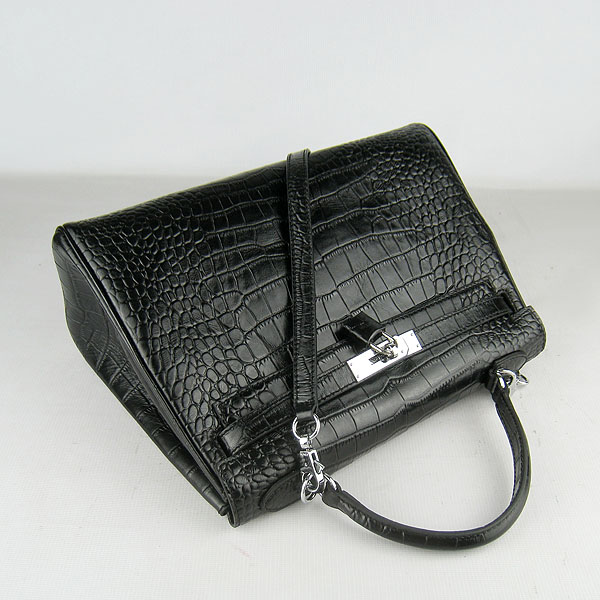 7A Replica Hermes Kelly 32cm Crocodile Veins Leather Bag Black 6108